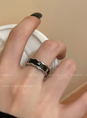 极速秋日来信~黑色滴釉开口戒指女小众设计情侣食U指戒时尚个性戒