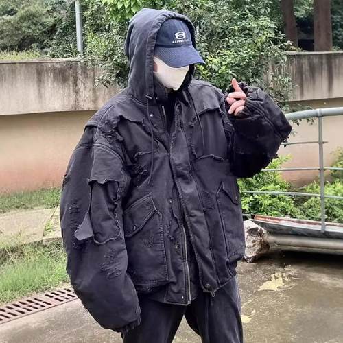 【现货】WE11DONE TRACK重工破坏水洗做旧拉链连帽夹克棉服外套 - 图0
