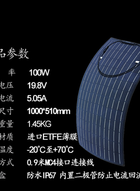 50WETFE单晶太阳能发电板光伏房车顶电动车12V蓄电池电瓶MC4接头