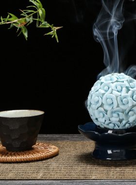 新品陶瓷玫c瑰花球形香炉熏香炉家用室内茶几电视柜茶室创意装饰
