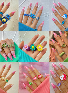 极速Colborful Heart Ring Set  Wholesale Y2K Beads Ring Tulip