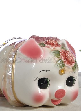 新品方亚 欧式招财n进宝玫瑰小猪存钱筒陶瓷存钱筒摆设新居礼品工