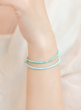 极速极细2mm天然原矿石无优化小绿C松石手链女单圈手串14k金文玩