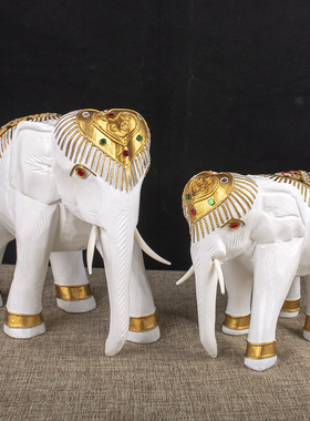 新品泰国实木白色金箔大象桌面摆件东南亚酒柜电T视柜木雕吉祥小