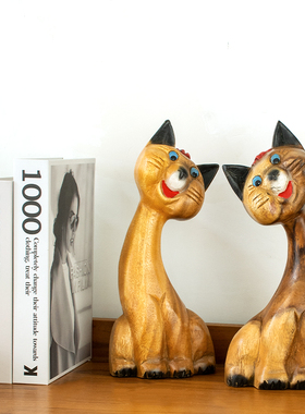 新品泰国实木创意猫咪摆件客厅电视柜博古架摆Q设招财猫家居桌面