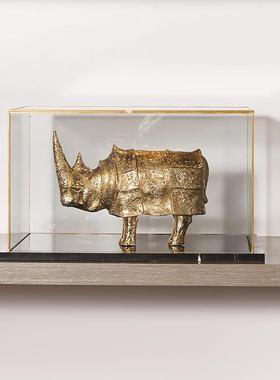 轻奢高档办公室样板间摆件客厅书房展示柜水晶工艺品纯铜犀牛摆设