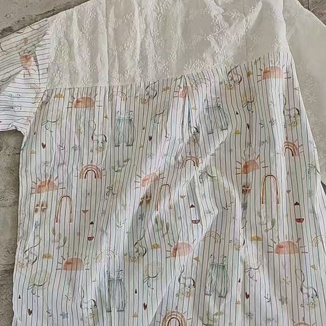 Dream Box 2025 Spring New Cartoon Print Striped Splicing Cotton Shirt Lace Lapel Long Sleeve Loose Shirt