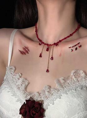 万圣节复古红色滴血水晶流苏项链小众设计感串珠锁骨链高级感颈链