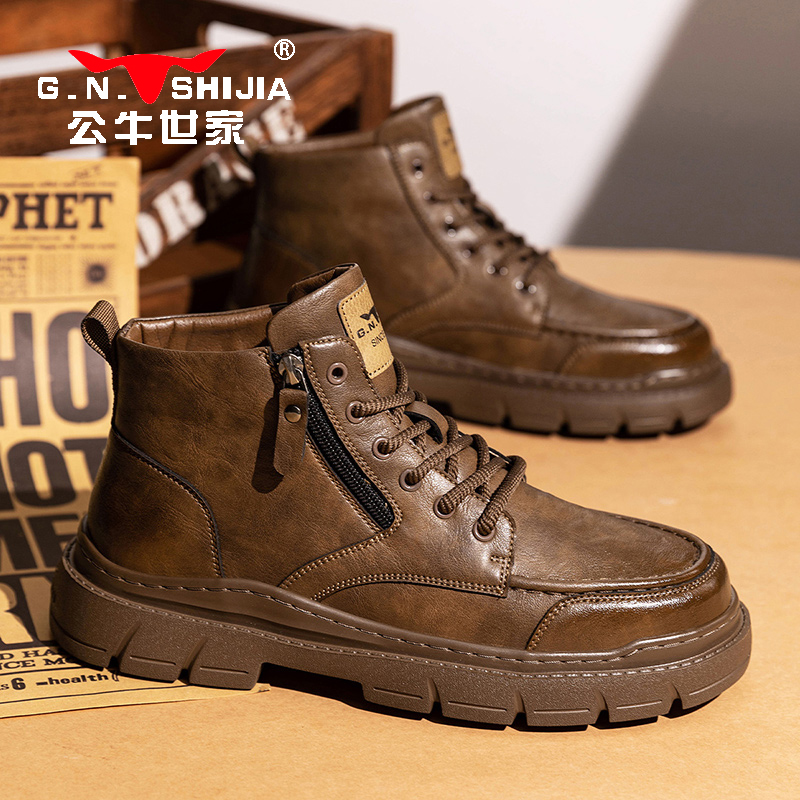 公牛世家高帮马丁靴男款冬季加绒厚底工装风男士复古英伦机车短靴 - 图0