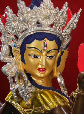 速发尊胜双母佛像摆件黄银古色鎏金铜藏传密宗10寸佛座佛台郎迦玛