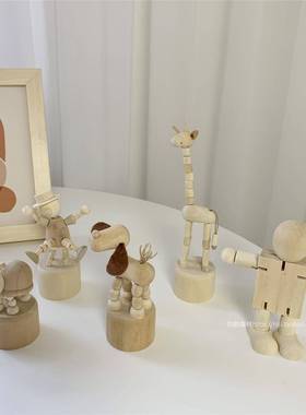 ins风桌面趣味动物小摆件木头人关节可调节桌面装饰拍照装饰背景
