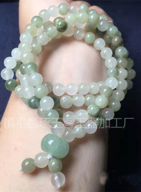 新疆金丝玉天山翠玉石手链女款飘花翡翠色老形桶珠单圈玉石手串