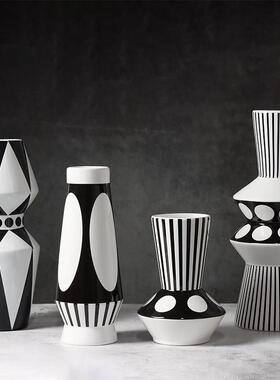 黑白条纹几何陶瓷花瓶花器摆件现代北欧家居样板房软装饰品用品
