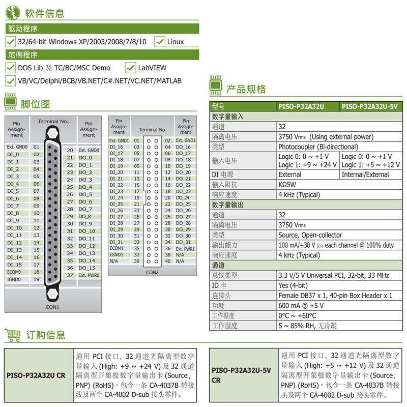 泓格PISO-P32C32U板卡32路集电极开路输出灌电流数字量输入采集卡 - 图0
