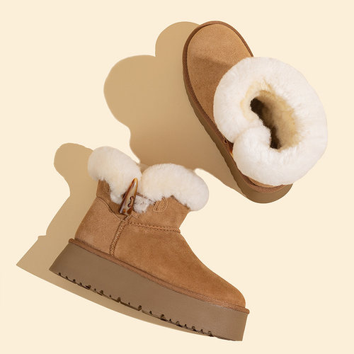 桑坡2025新款牛角扣雪地靴女冬季厚底羊皮毛一体加绒加厚防滑保暖 - 图1