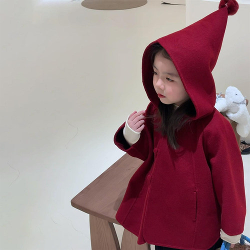 女童外套冬季2025新款 红色、毛呢、加厚、精灵帽 K25122344GP - 图2