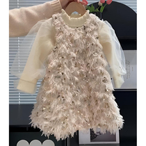 One-piece dress girl Winter new Yangqi Childrens birthday dress Dress Baby Bright Sheet Streaming Sugsuede Princess Dresses