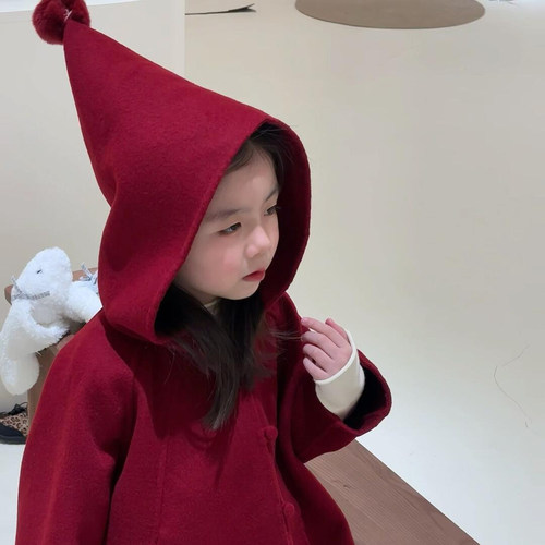 女童外套冬季2025新款 红色、毛呢、加厚、精灵帽 K25122344GP - 图3