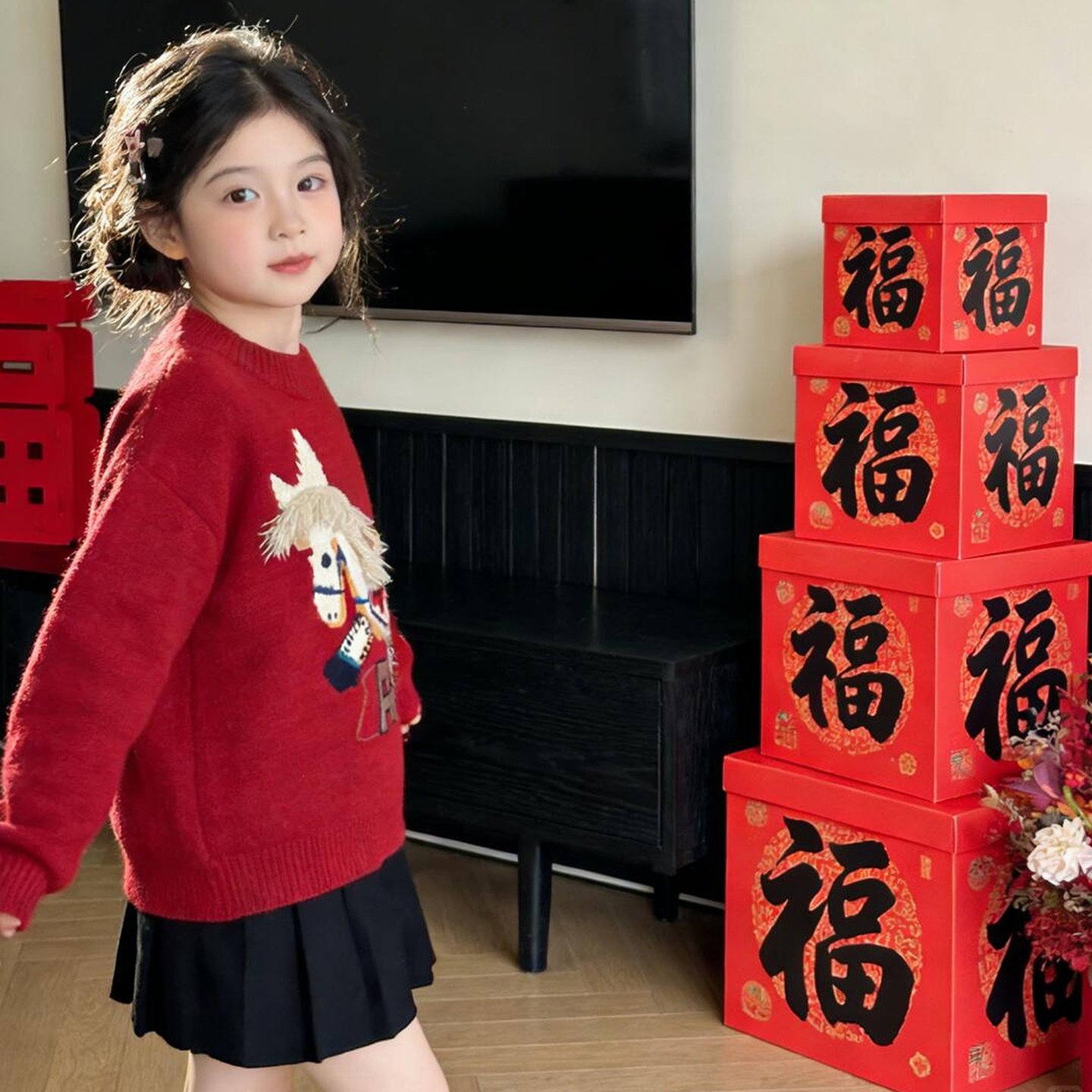 女童拜年服毛衣冬款2025新款洋气儿童韩版时尚保暖小马红色针织衫,淘宝优惠券,粉丝福利购,淘宝优惠卷