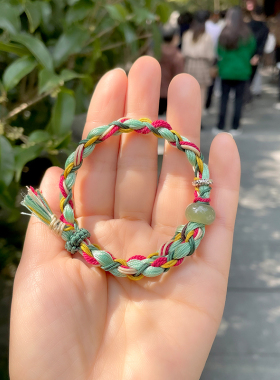 极速灵隐b平步青云手绳手工编织绿色手绳和田玉袈裟环复古纯银平