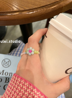 极速戒指花朵尾戒指环个性清新开C口日韩蓝色大学饰品组合少女心