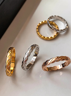 小香风玫瑰金银色菱格纹素圈戒指