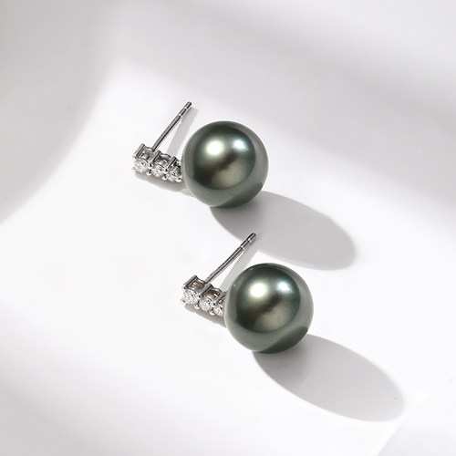 大溪地黑珍珠耳钉18k金镶钻耳钩正圆强光耳坠高级感轻奢珠宝耳饰 - 图0