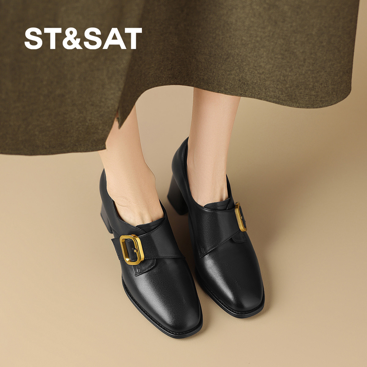 星期六2026新款英伦复古深口单鞋女黑色粗跟不累脚金属扣小皮鞋,淘宝优惠券,粉丝福利购,淘宝优惠卷