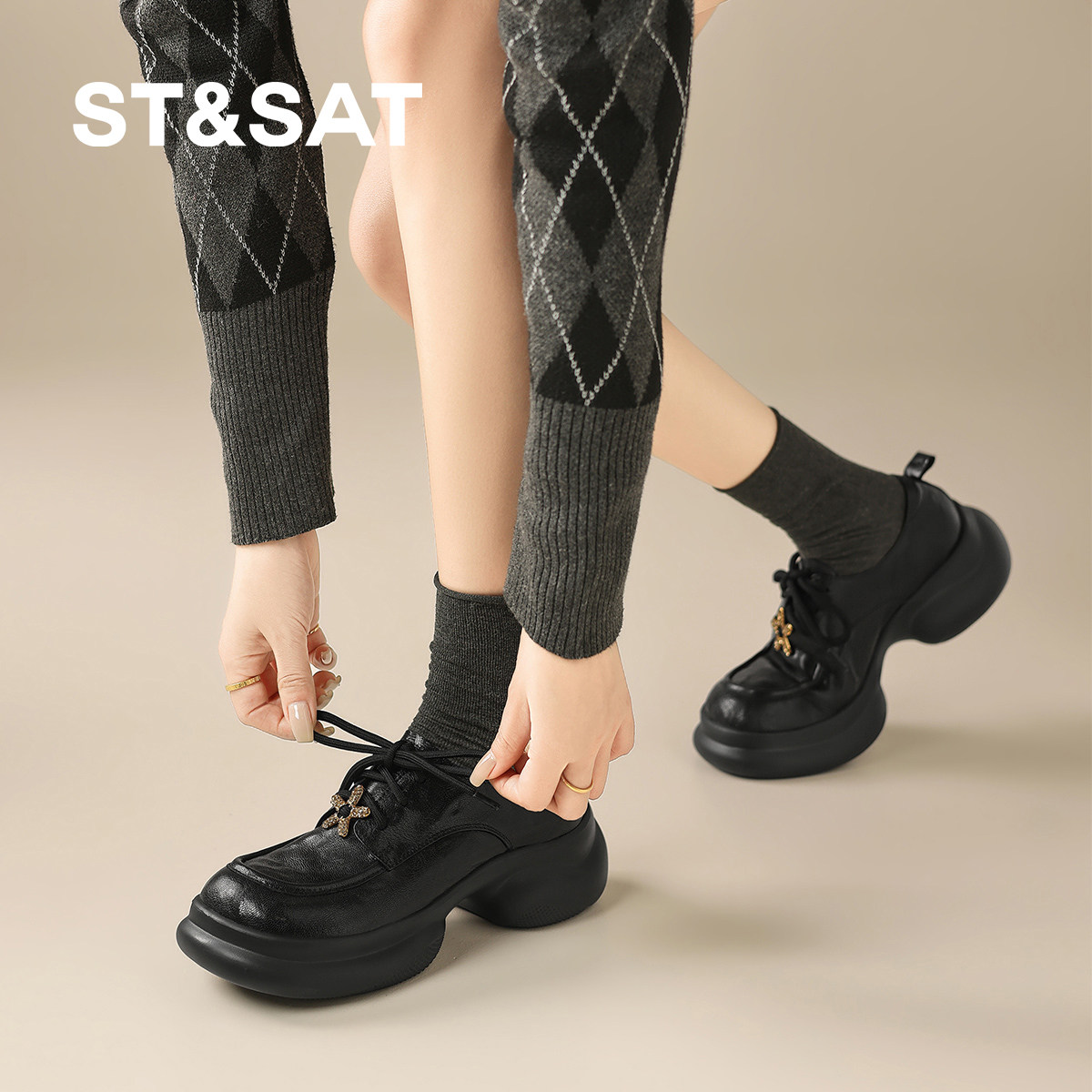 星期六2026新款休闲复古风单鞋厚底乐福鞋女黑色系带松糕跟女鞋,淘宝优惠券,粉丝福利购,淘宝优惠卷