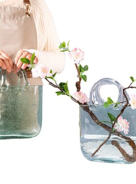 速发花瓶摆件客厅插花玻璃袋明提手篮手透手提花篮花瓶