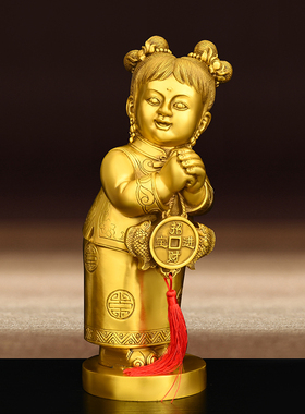 速发铜金童玉摆件品铜善财童子家居装饰婚庆礼黄一对男童童