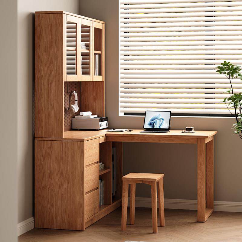 橡木电脑桌转角实木书桌书架一体儿童学习小户型书房带抽屉书柜,淘宝优惠券,粉丝福利购,淘宝优惠卷