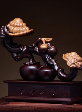 黑檀木雕事事如意摆件实木雕刻柿子灵芝客厅玄关装饰乔迁新居礼品