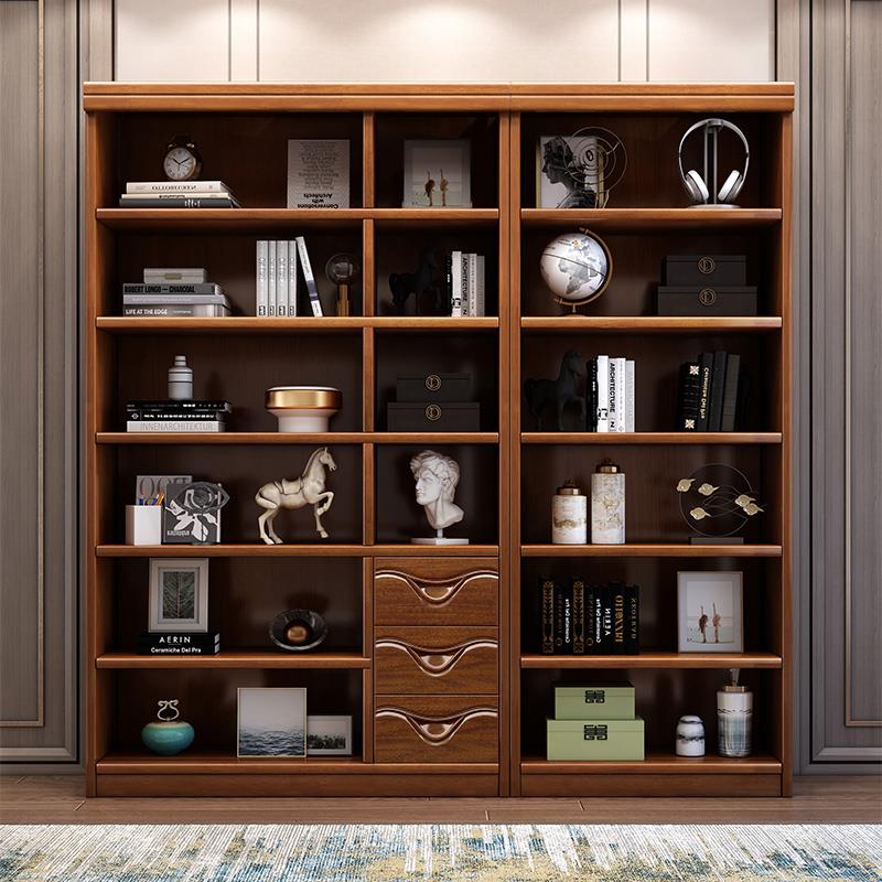 新中式实木书柜书房带玻璃门书架靠墙置物架现代简约收纳柜展示柜 - 图2