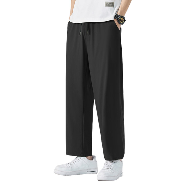 Woodpecker ice silk trousers men's summer thin breathable wide-leg trousers men's loose straight casual trousers Y