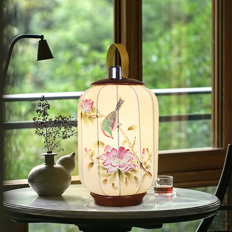 中式充电台灯仿古手绘画花鸟图灯罩书房床头灯民宿户外露营手提灯,淘宝优惠券,粉丝福利购,淘宝优惠卷
