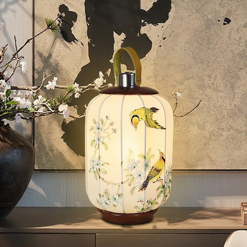 中式充电台灯仿古手绘画花鸟图灯罩书房床头灯民宿户外露营手提灯,淘宝优惠券,粉丝福利购,淘宝优惠卷