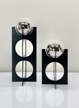 简约现代几何立体金属玄关装饰同心支架球摆件书房样板桌面摆设