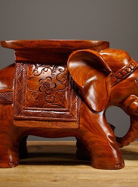 速发品梨木雕刻大象换鞋凳实木质大象件子工艺花摆凳红木家居客厅