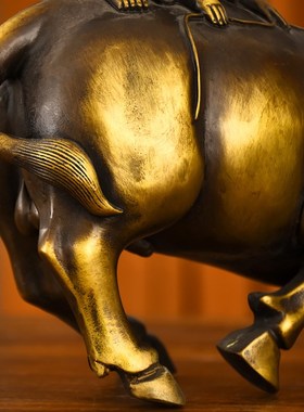 速发铜牛童子牧牛摆件客品玄关新饰复古工艺厅乔迁装居礼品黄铜工