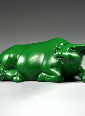 速发绿色木质卧牛摆件实木雕刻十二生肖实木水牛装饰木制工艺品