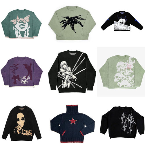 Knitted sweater 秋冬朋克欧美风圆领男女毛衣复古街头Y2K上衣潮 - 图1