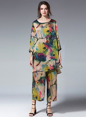 极速Womens Casual Suits Loose Fashion Print SilkU Lotus El