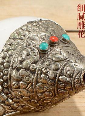 尼泊尔天然白海螺包铜左旋生物右旋海螺号角可吹口哨客厅装饰摆件