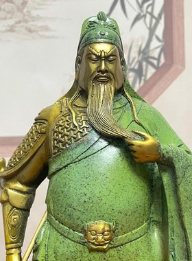 纯铜绿袍b关公神像武圣铜像摆件招财黄铜武财神关羽客厅开业关二