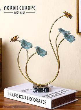 新中式铁艺荷花摆件高档艺术品莲花客厅玄关电视柜酒柜家居装饰品