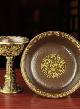 尼泊尔护法杯手工纯紫铜供杯雕花描金家用供碗桌面摆件供佛供护法