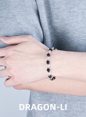 DRAGON LI狸花猫6mm黑曜石白水晶简约高级感串珠情侣饰品闺蜜礼物