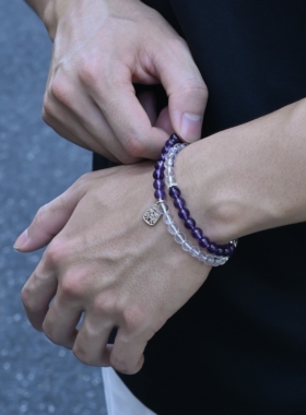 DRAGON LI狸花猫双圈紫水晶白水晶手串珠情侣配色饰品闺蜜礼物