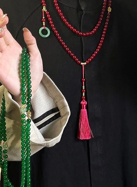 极速国风108颗绿色串珠子项链新中式古风长款毛衣链X斜挎链旗袍配